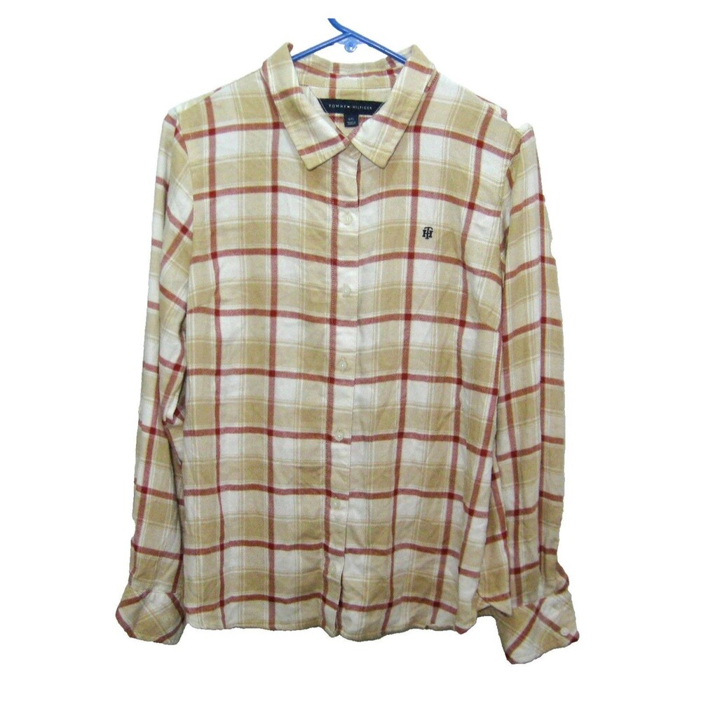 Tommy Hilfiger Flannel Shirt Womens Large Beige Plaid Long Sleeve Button Front